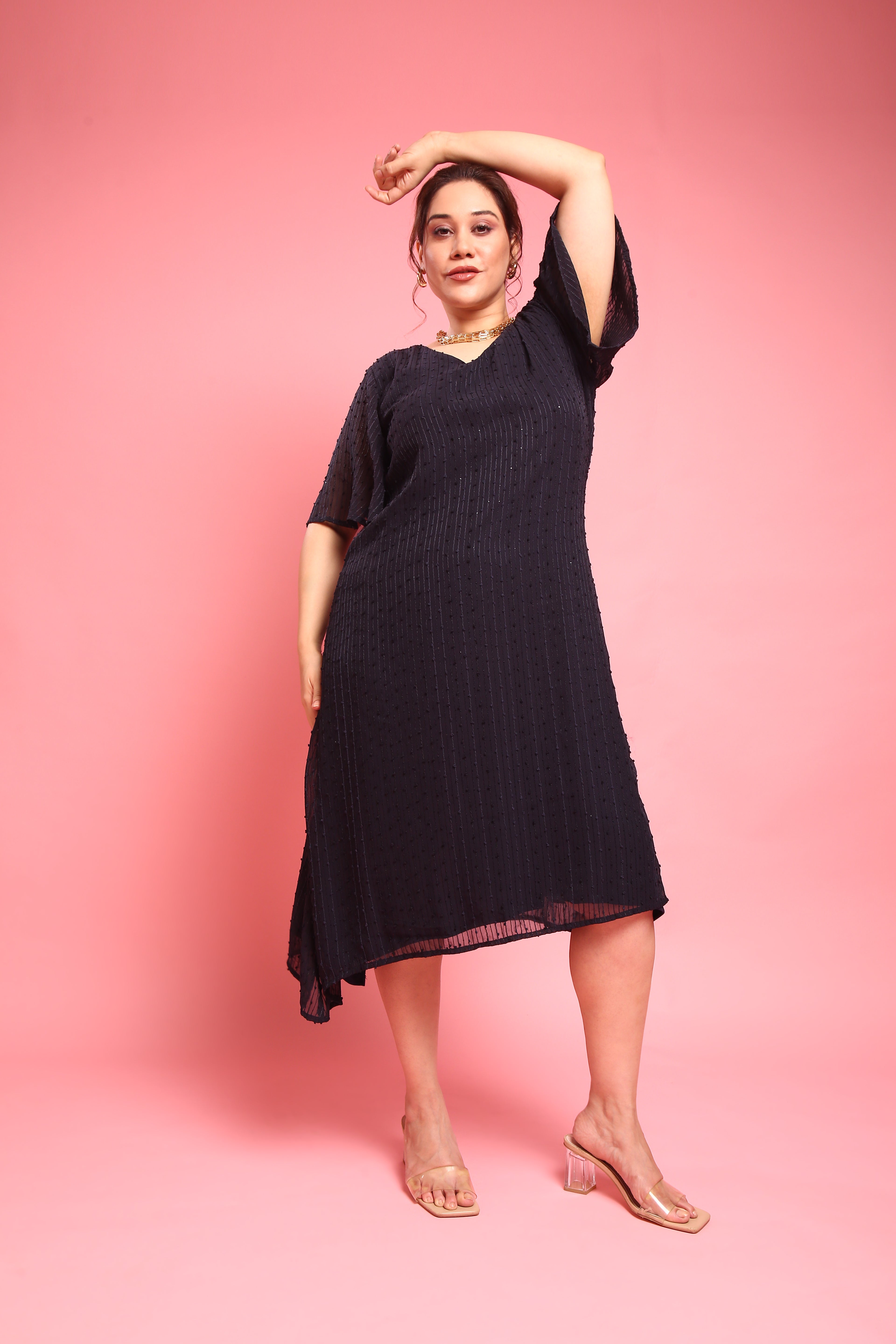 Navy Embroidered A-Line Dress