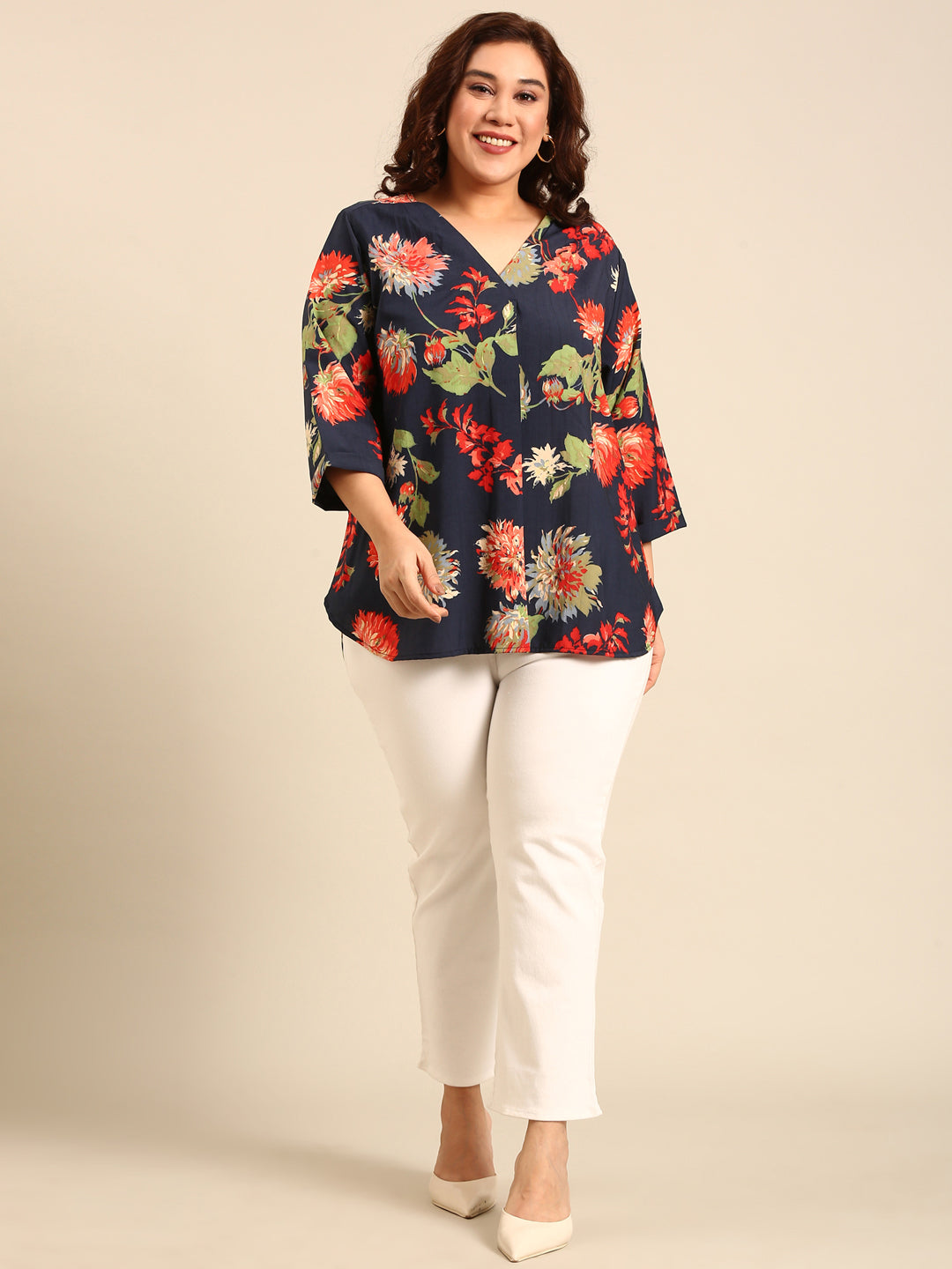 Navy Printed Front Pleat Top