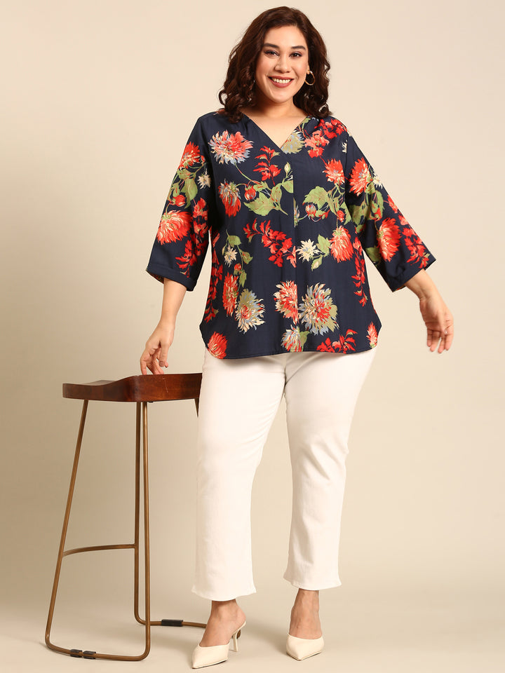 Navy Printed Front Pleat Top5