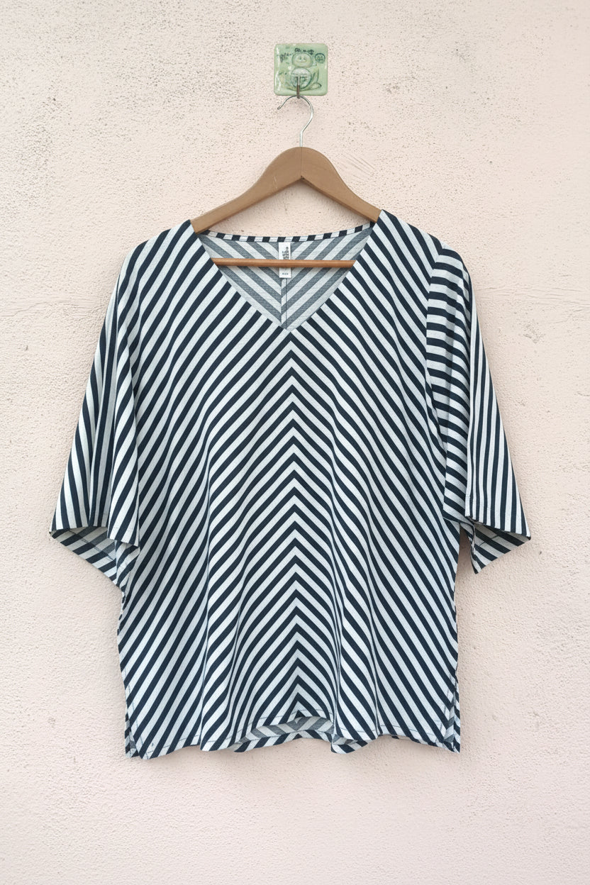 Navy & White Stripe V-Neck Top