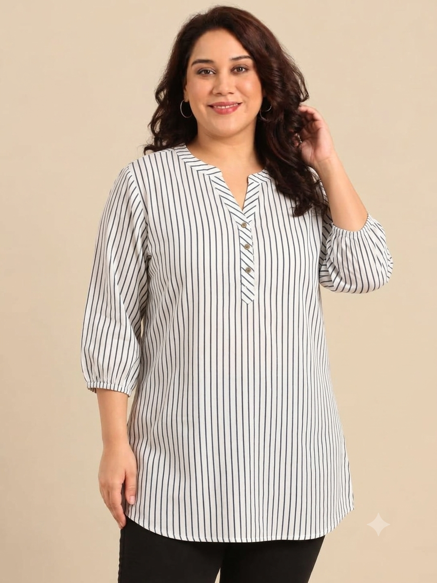Navy & White Vertical Striped V-Neck Top