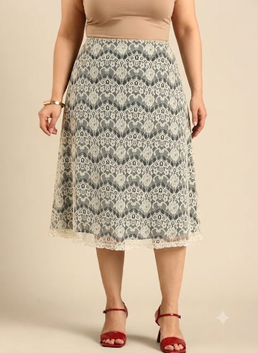 Off-White Floral Lace Midi Skirt