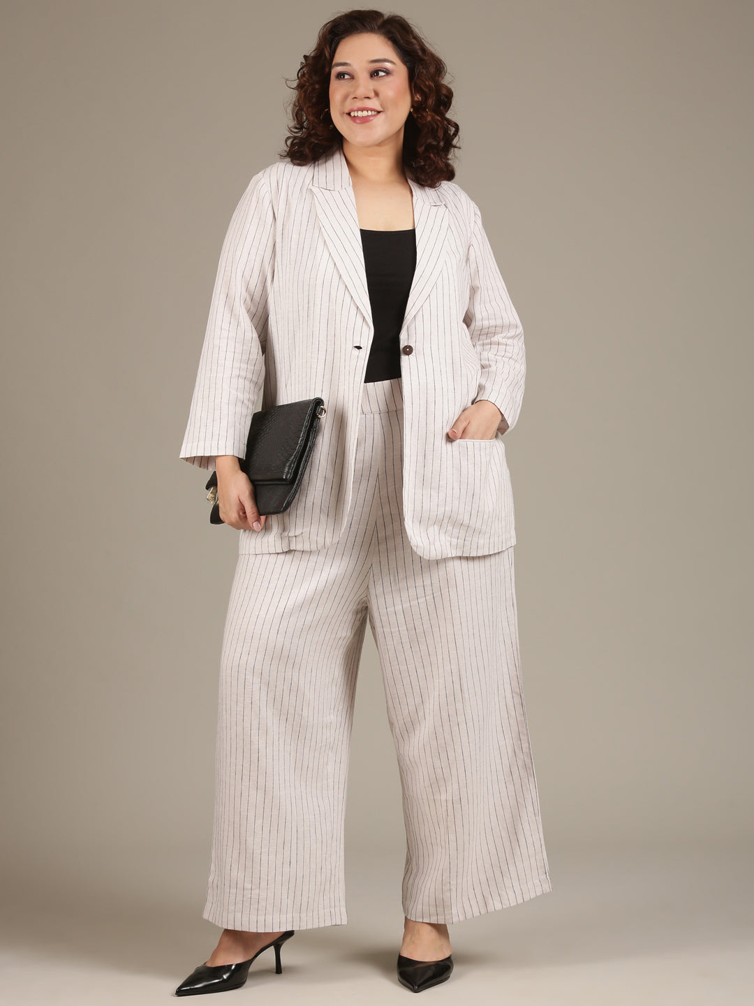 Off-White Pinestripe Formal Blazer and Pant Co-ord Set (2 Piece)