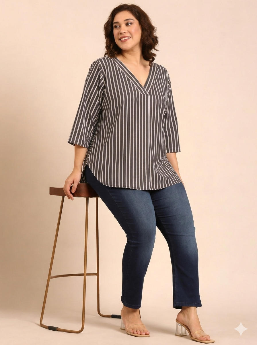 Olive And White Stripe V-Neck Top