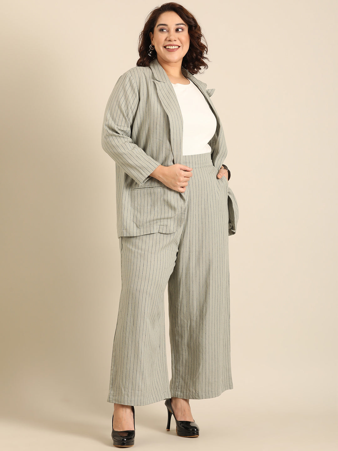 Olive Pinestripe Formal Blazer and Pant Co-ord Set (2 Piece)