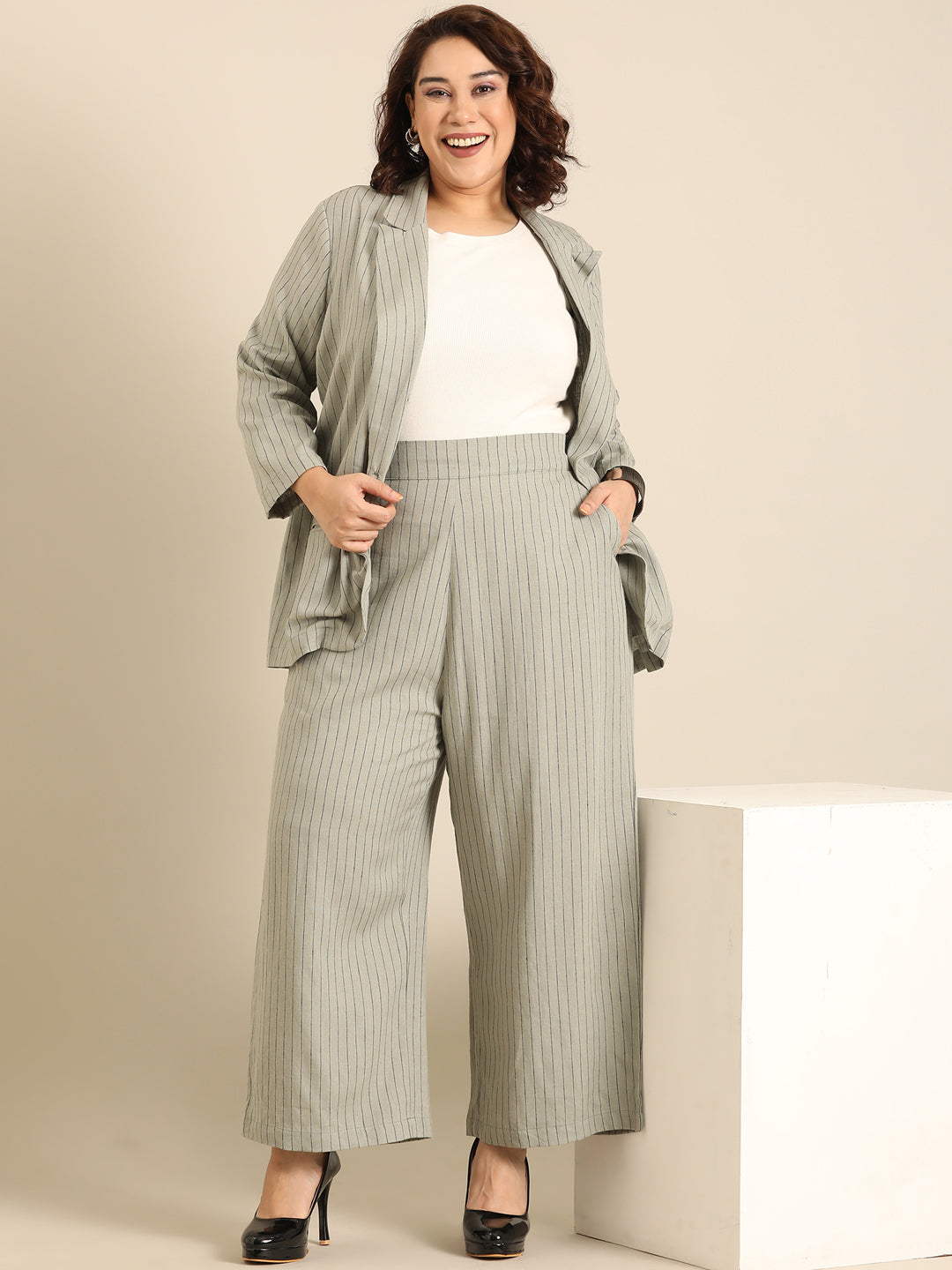 Olive Pinestripe Formal Blazer and Pant Co-ord Set (2 Piece)5