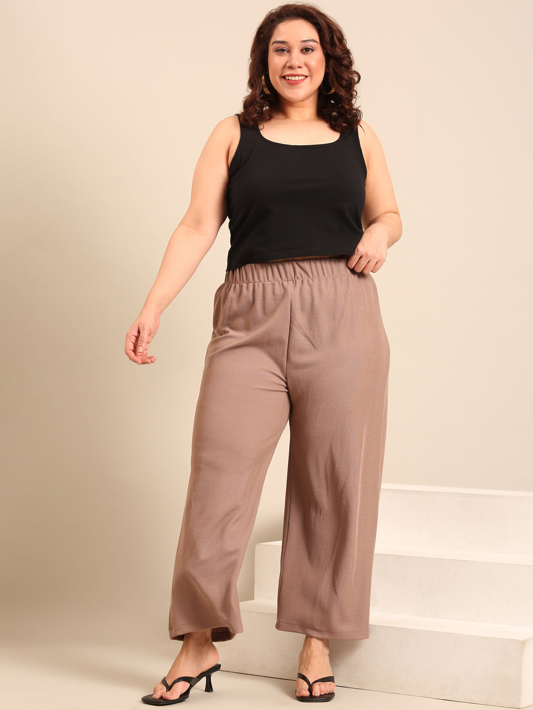 Beige Ribbed Palazzo