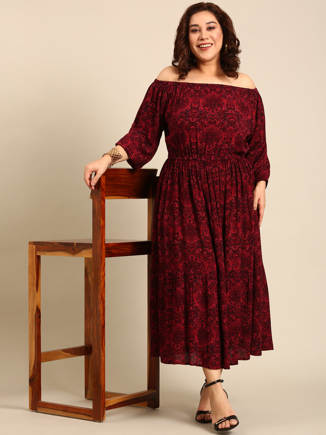 Paisley Print Off-Shoulder Dress With Black Belt Combo-4