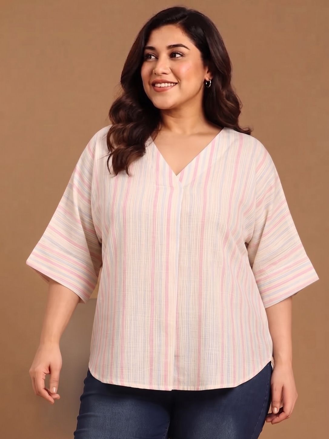 Pastel Striped V-Neck Drop Shoulder Top