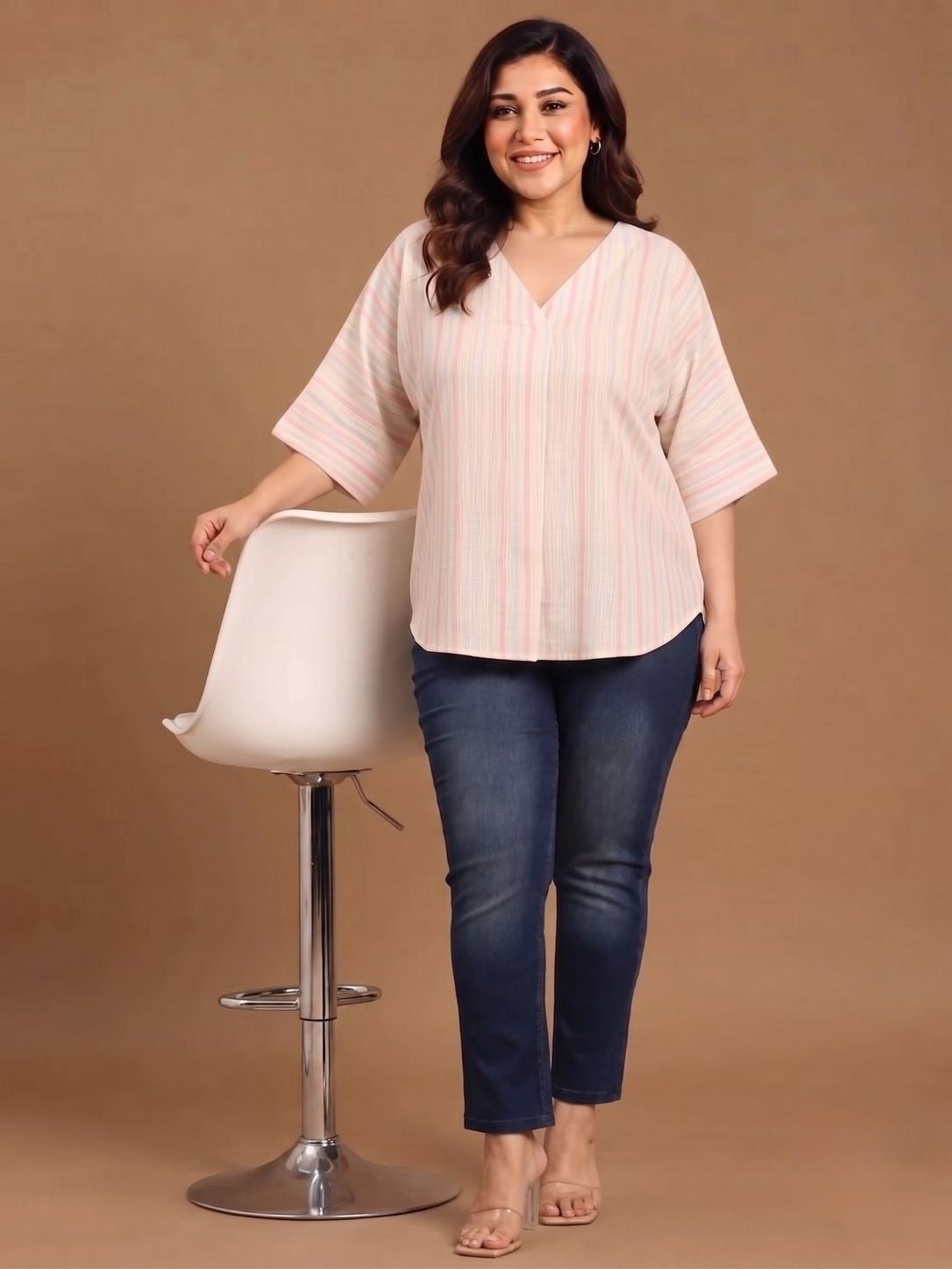 Pastel Striped V-Neck Drop Shoulder Top