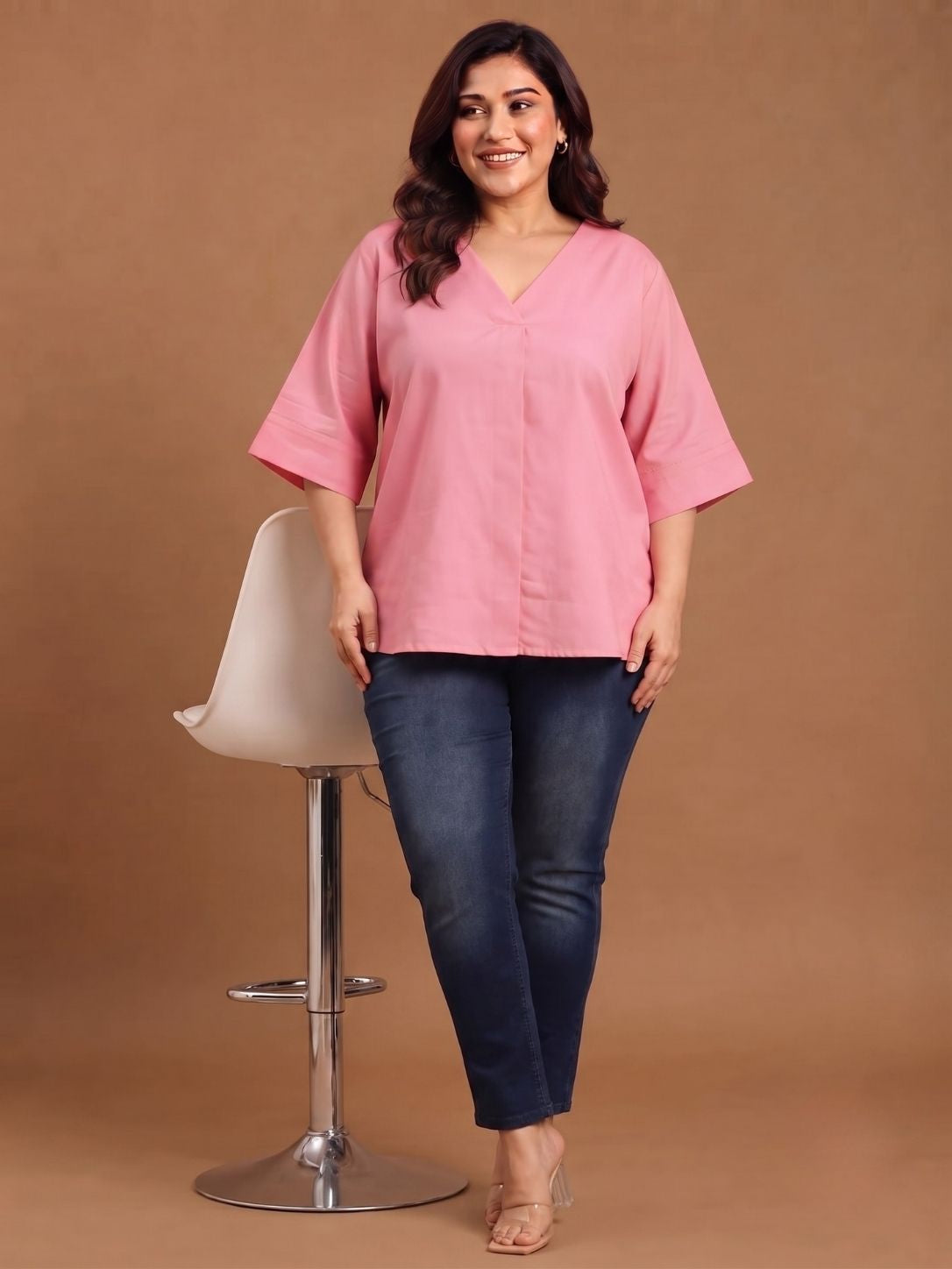 Pink V-Neck Drop Shoulder Top