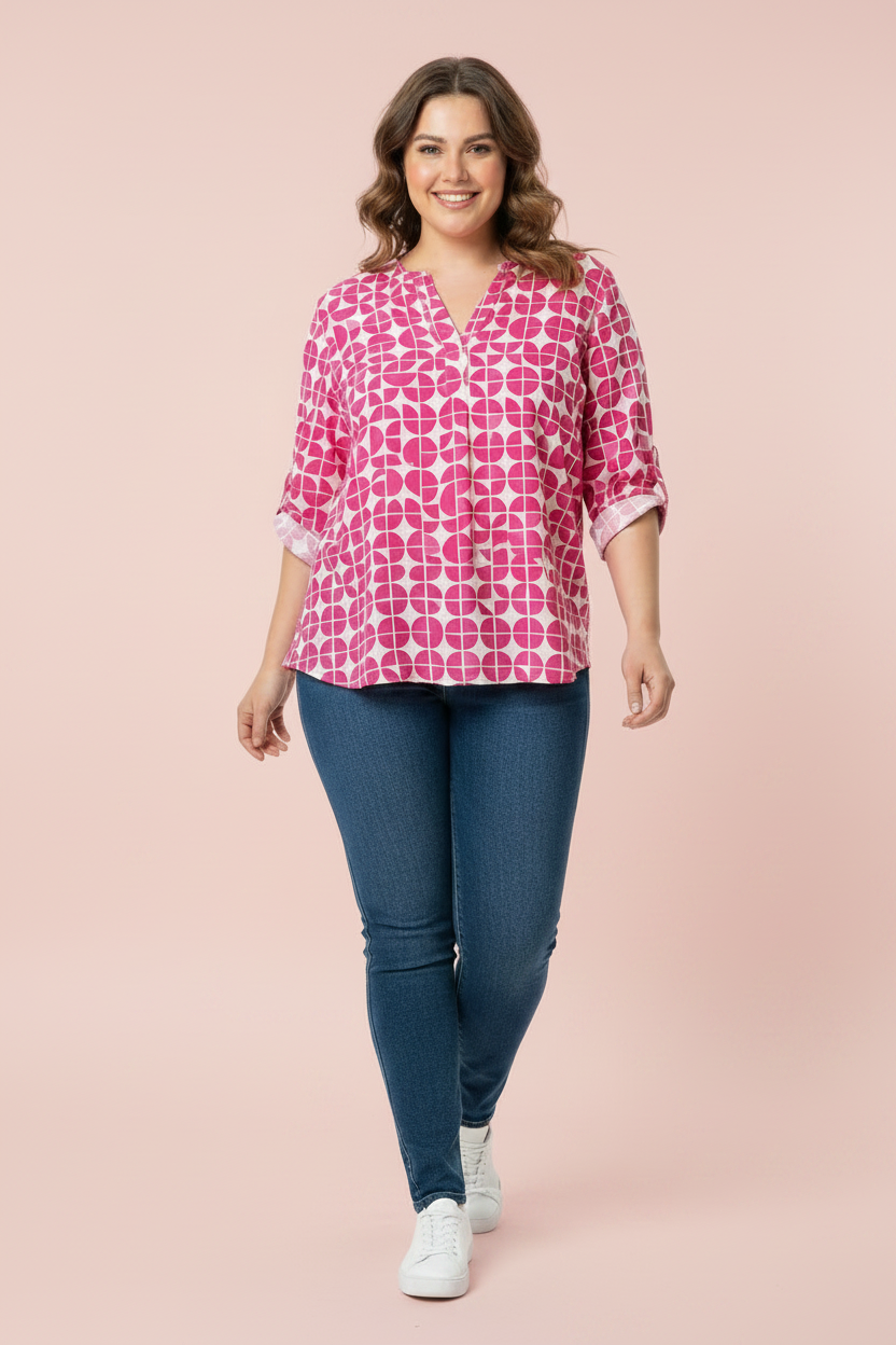 Pink & White Geometric Printed Top