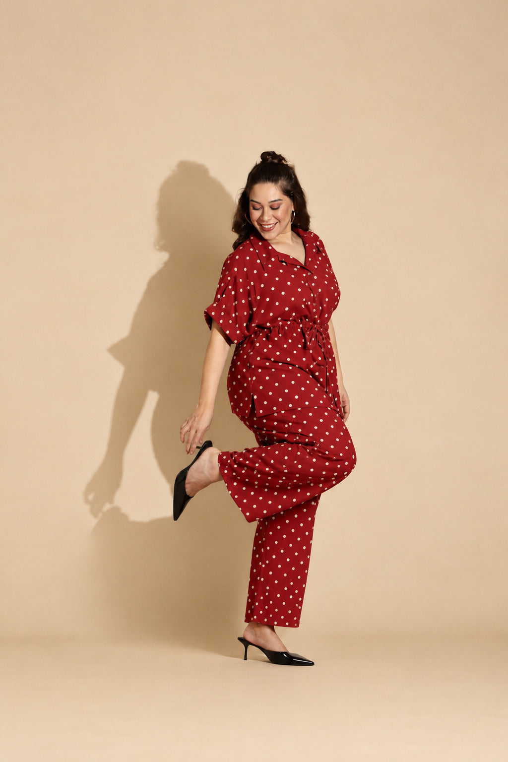 Red Polka Dot Linen Drawstring Shirt