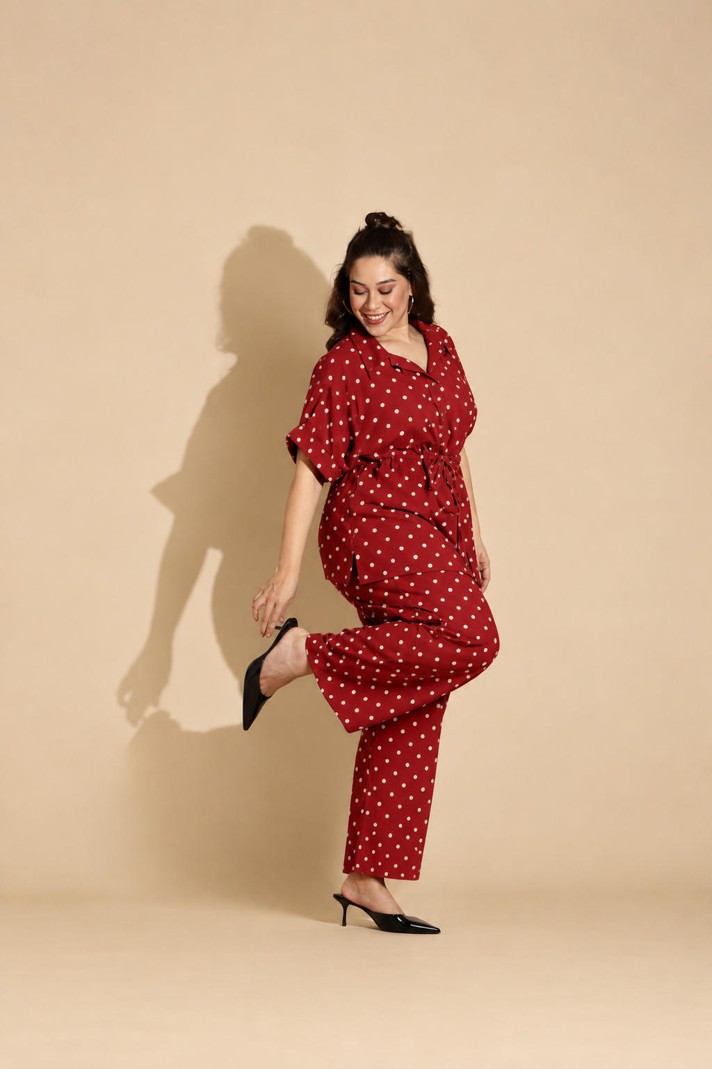 Polka-Dot Linen Drawstring Co-Ord Set (2-Piece)