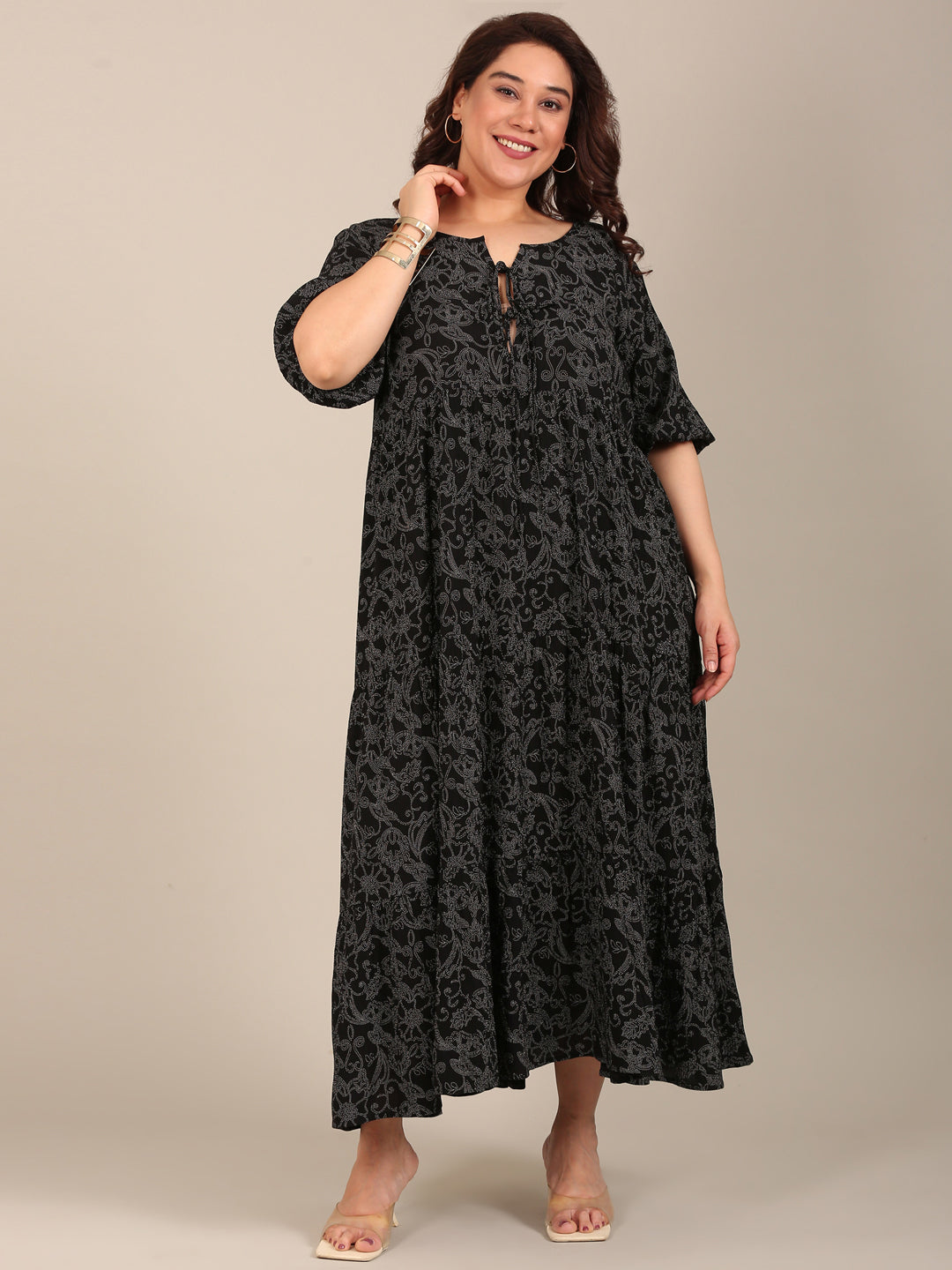Printed Tiered Maxi Dress with Tie Neck