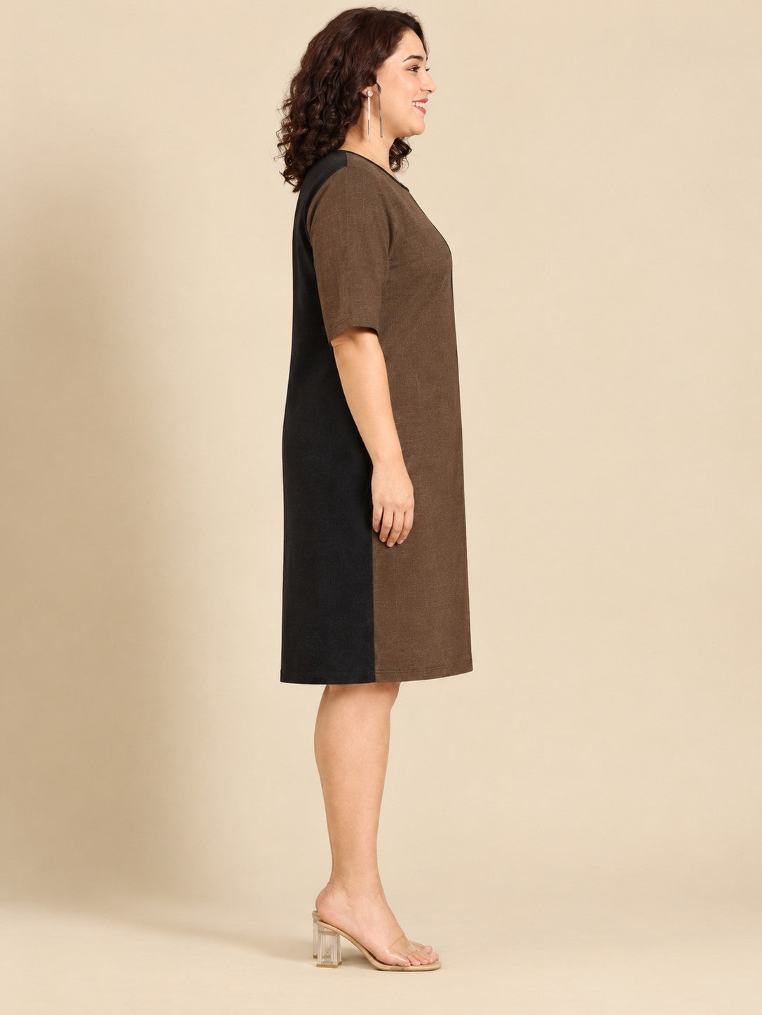 Black & Brown Colourblock Sheath Midi Dress
