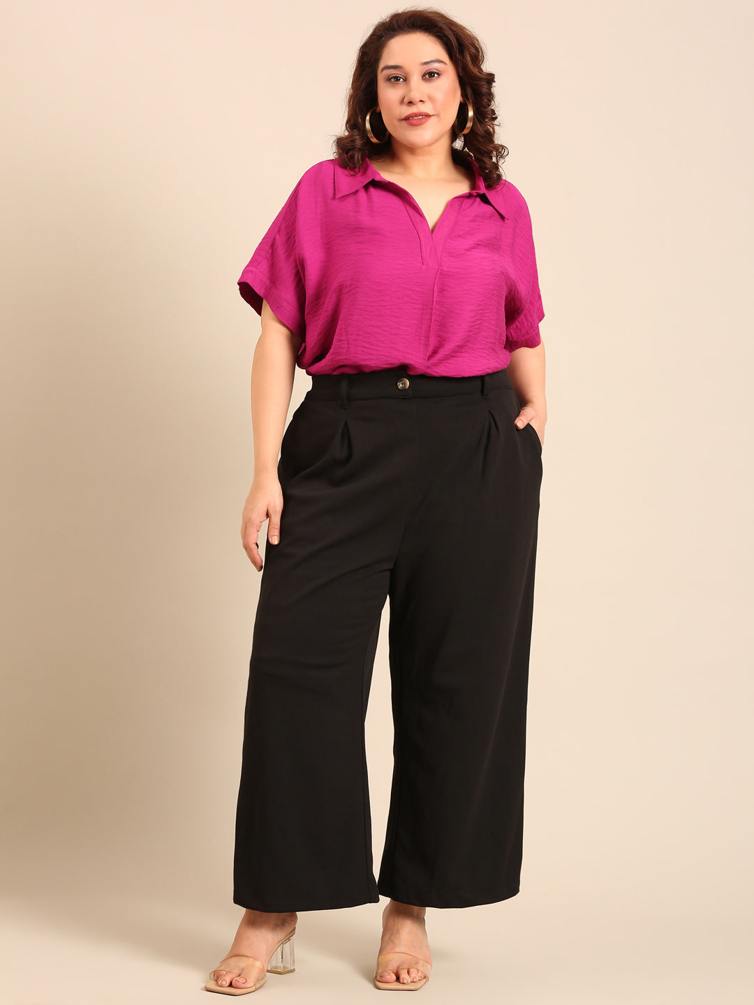 Rani Pink Top with Black Korean Pants Co-ord (2 Piece)