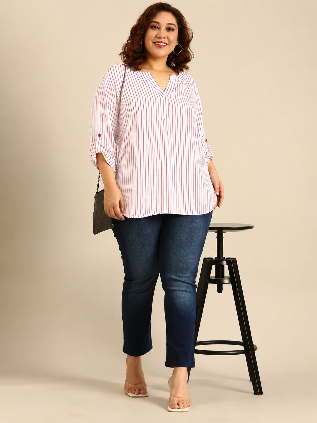Red-White Striped V-Neck Top
