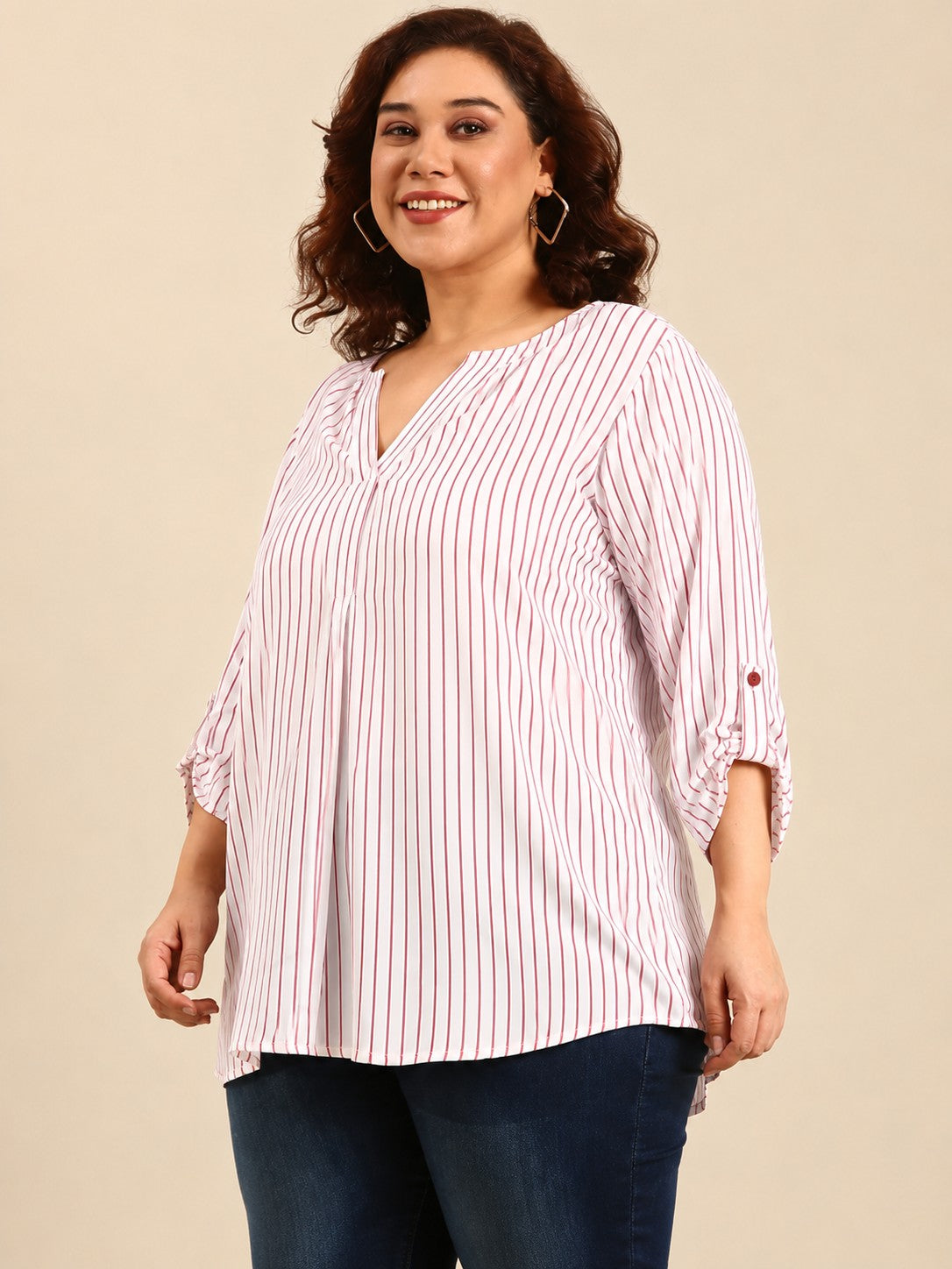 Red-White Striped V-Neck Top