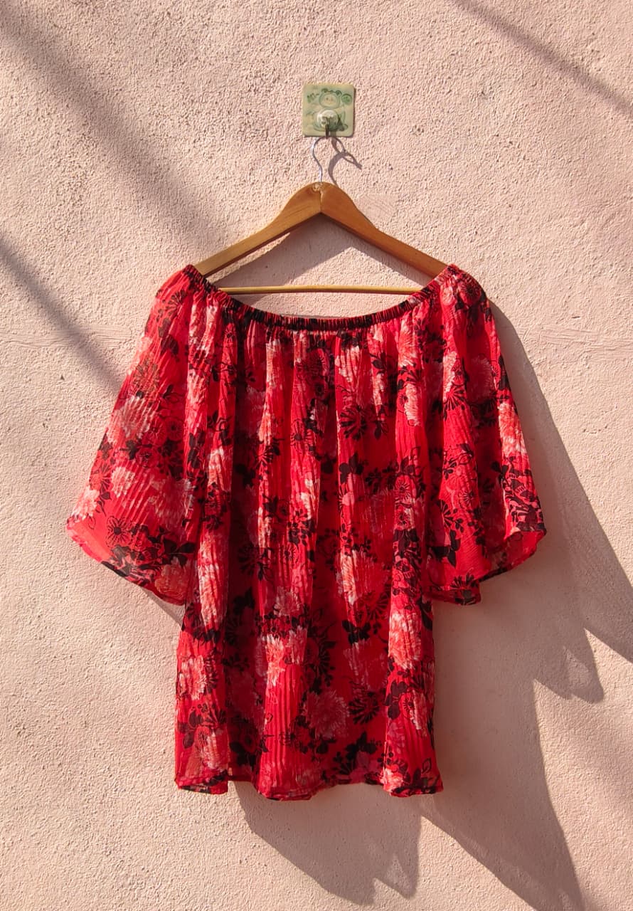 Red Floral Print Off-Shoulder Top