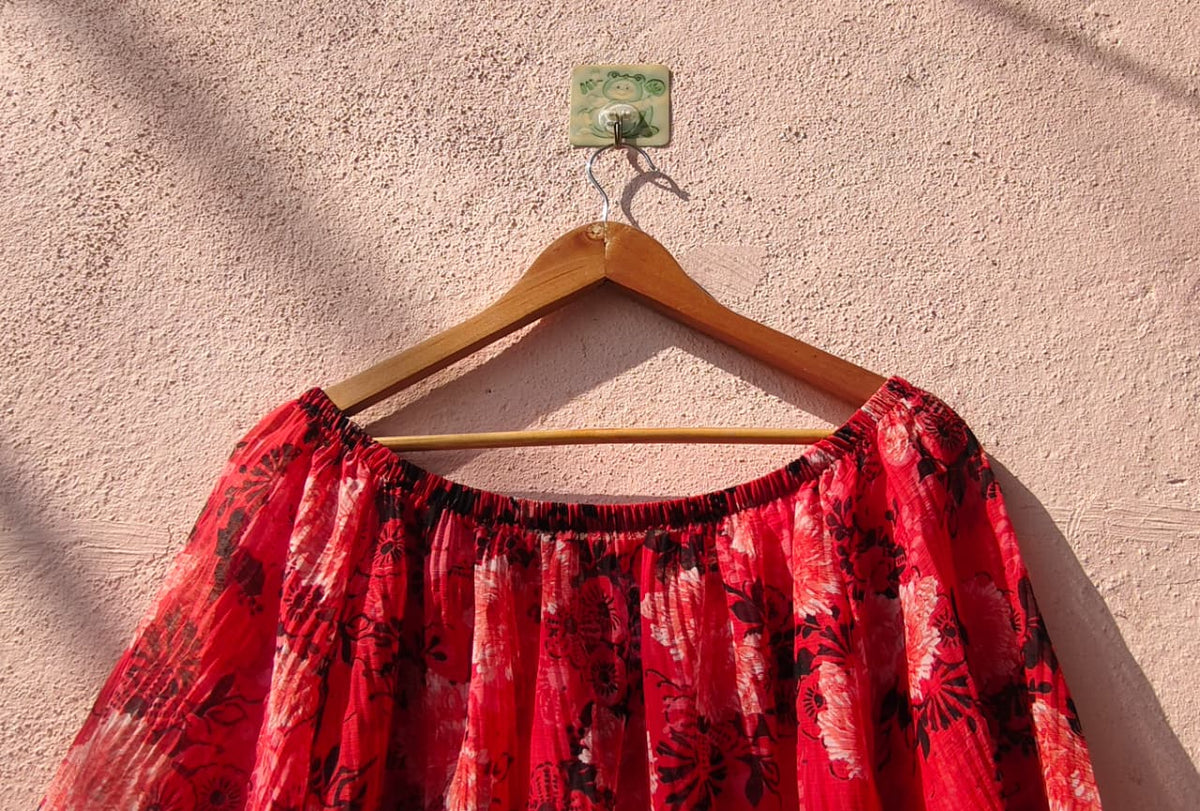 Red Floral Print Off-Shoulder Top