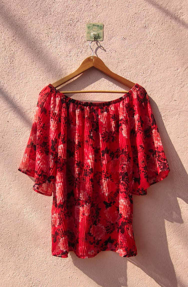 Red Floral Print Off-Shoulder Top