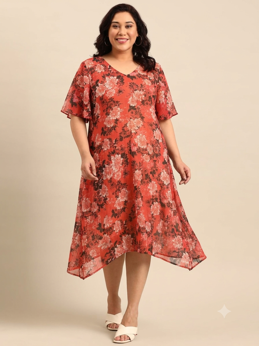 Red Floral Print V-Neck Dress