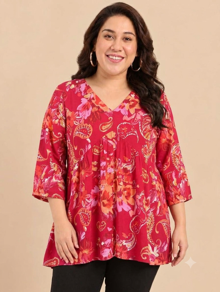 Red Floral Printed Flared Tunic