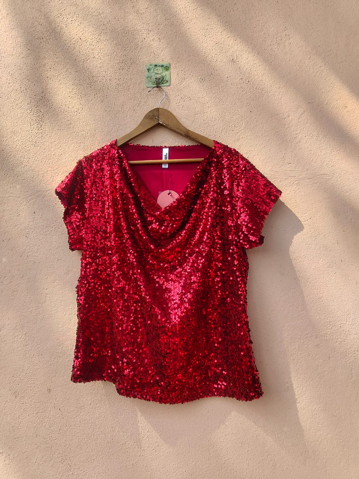 Red Sequin Cowl Neck Top
