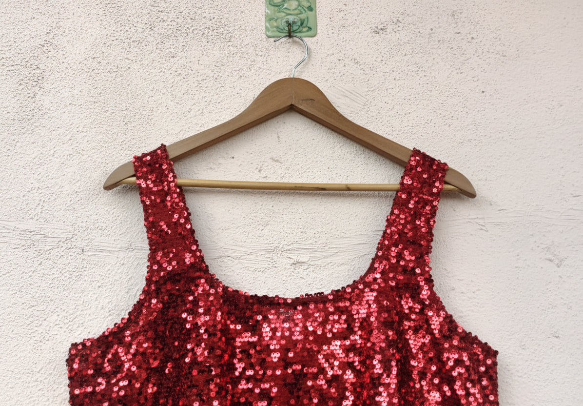 Red Sequin Scoop-Neck Crop Tank Top