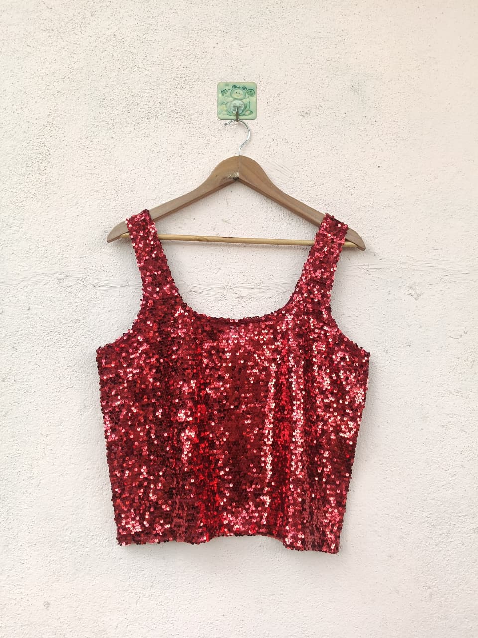 Red Sequin Scoop-Neck Crop Tank Top