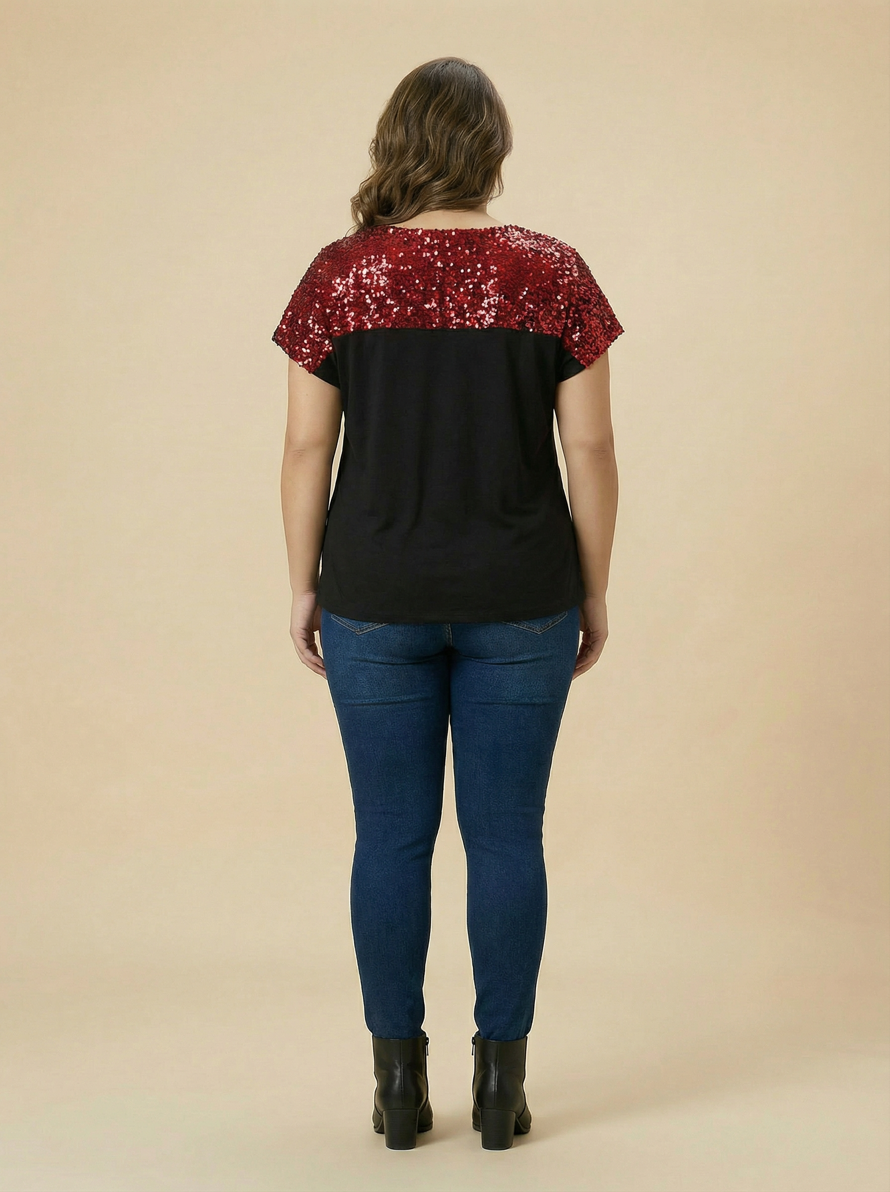 Red Sequins Fabric Colorblock Top