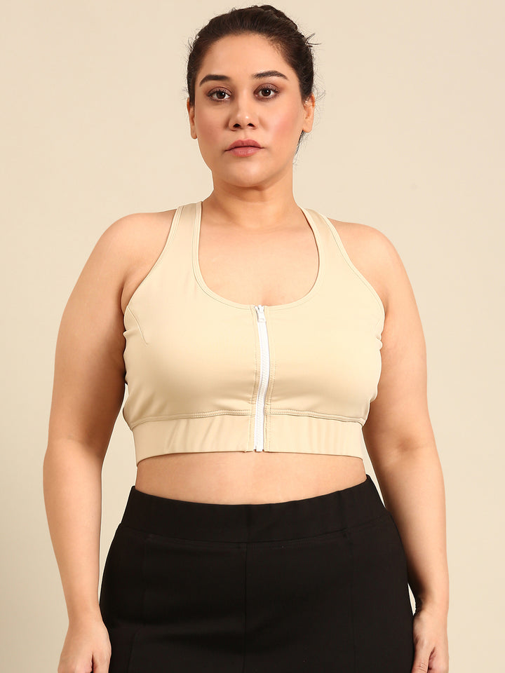 Beige Rapid-Dry Sports Bra With Front Zip