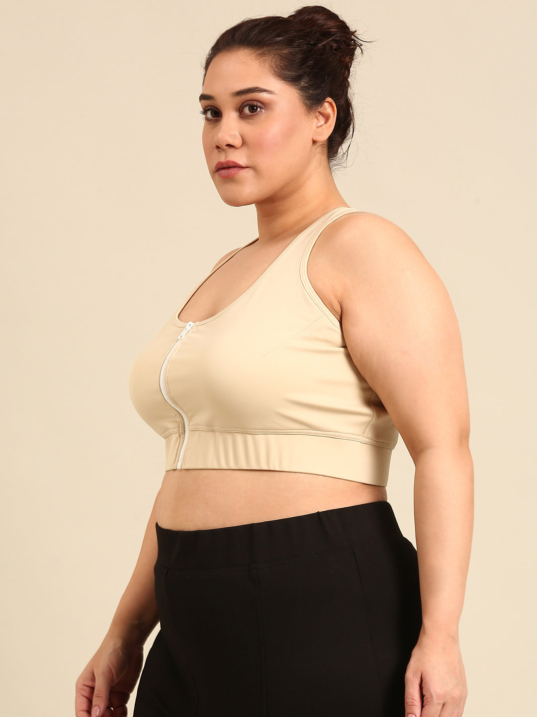 Beige Rapid-Dry Sports Bra With Front Zip