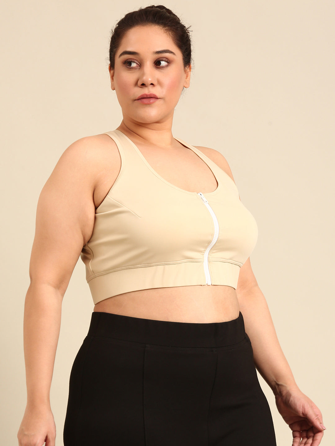 Beige Rapid-Dry Sports Bra With Front Zip