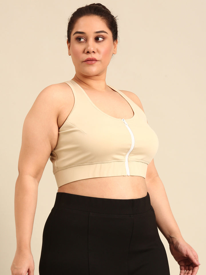 Beige Rapid-Dry Sports Bra With Front Zip