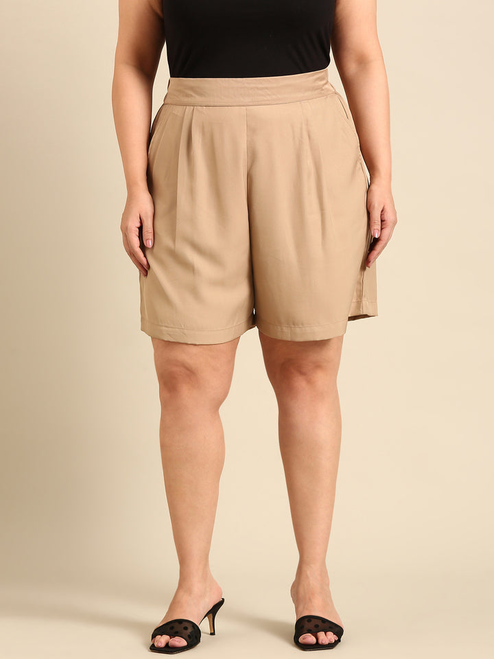 Biege Twill Solid Shorts