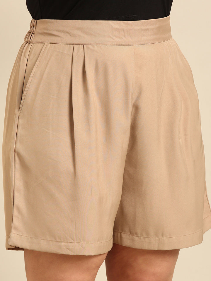 Biege Twill Solid Shorts