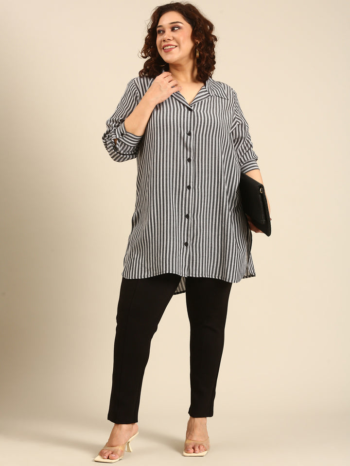 Grey Striped Long-Line Shirt