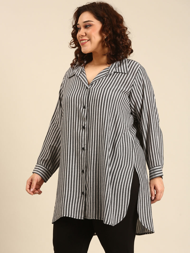 Grey Striped Long-Line Shirt