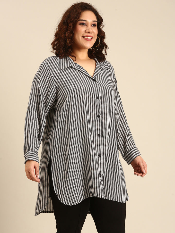 Grey Striped Long-Line Shirt