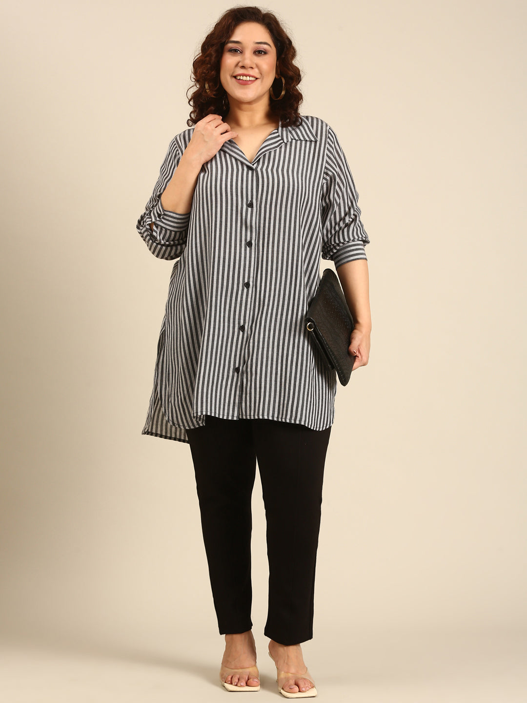 Grey Striped Long-Line Shirt