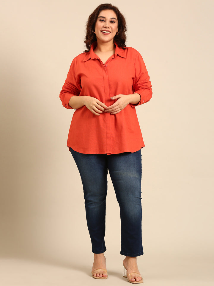Cotton Orange Hidden Placket Shirt