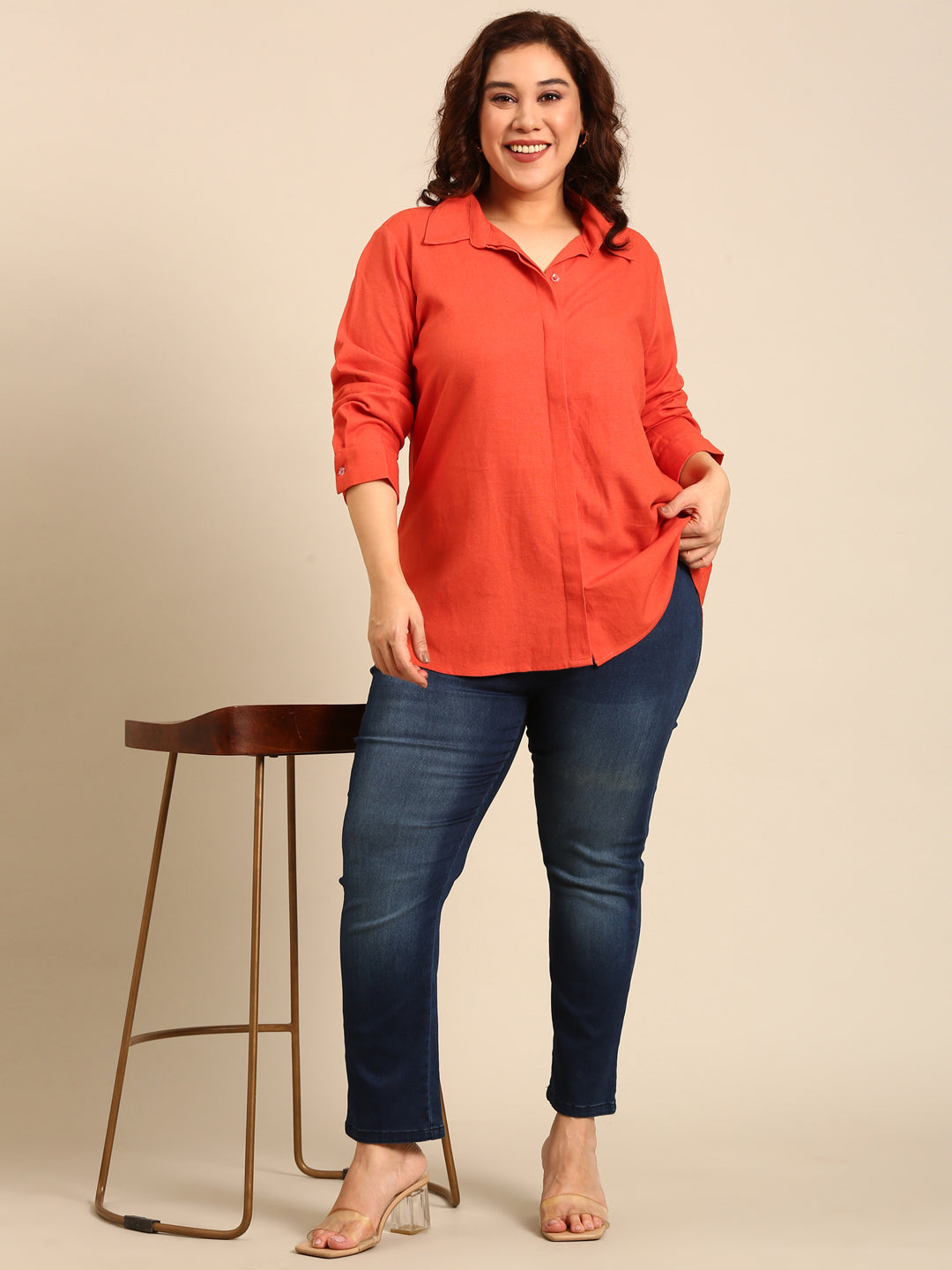 Cotton Orange Hidden Placket Shirt