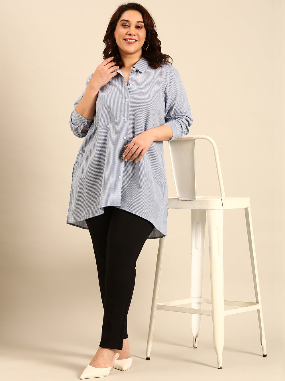 Cotton Striped Longline Button-Down Shirt