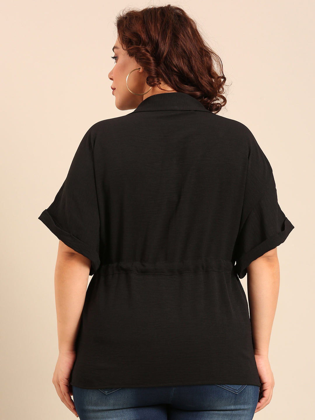 Black Relaxed Fit Drawstring Shirt