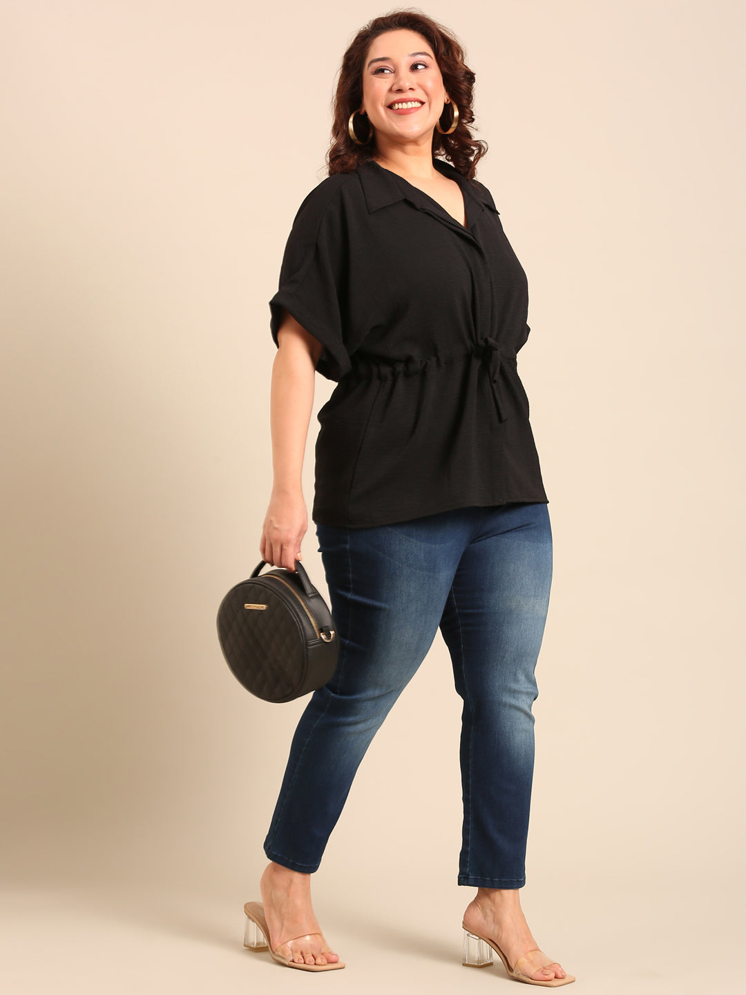 Black Drawstring Shirt & Navy Blue Jeans Co-ord Set (2-Piece)