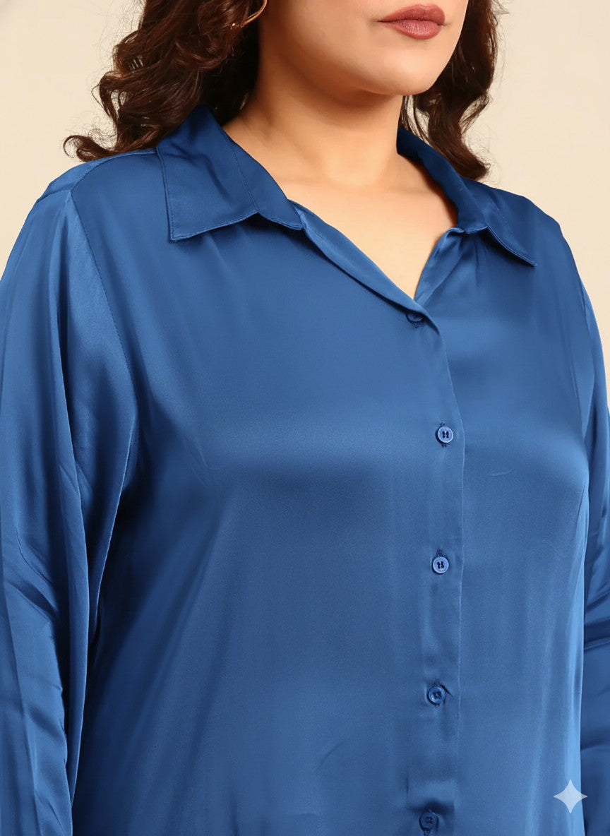 Lapis Satin Button Down Shirt