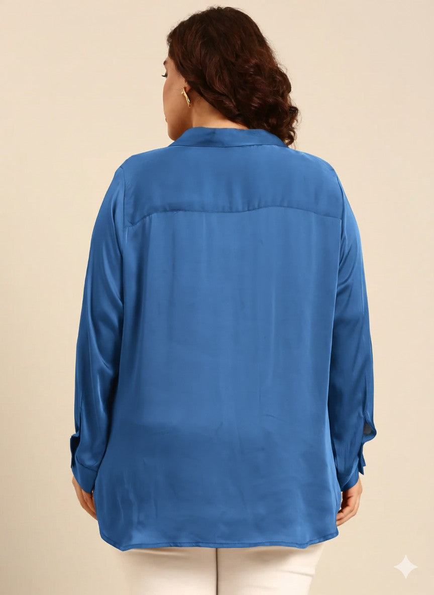 Lapis Satin Button Down Shirt
