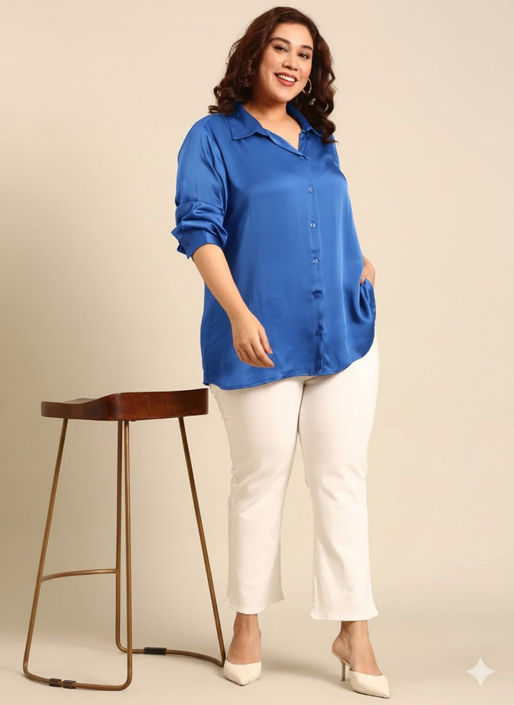 Lapis Satin Button Down Shirt